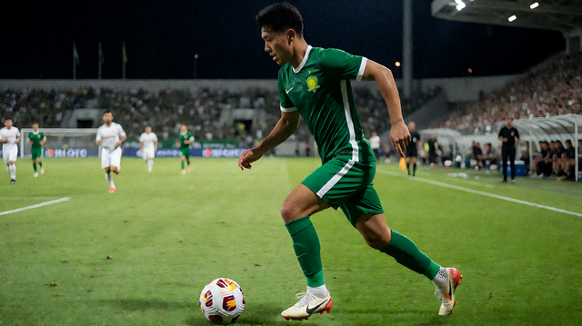 足球赛事夜间比赛现场球员带球推进的画面